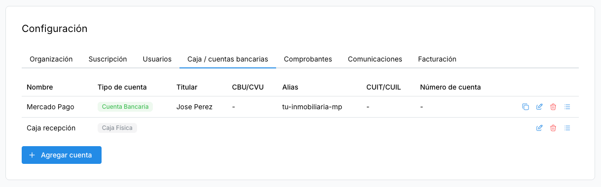 Pantalla de configuración de cuentas
