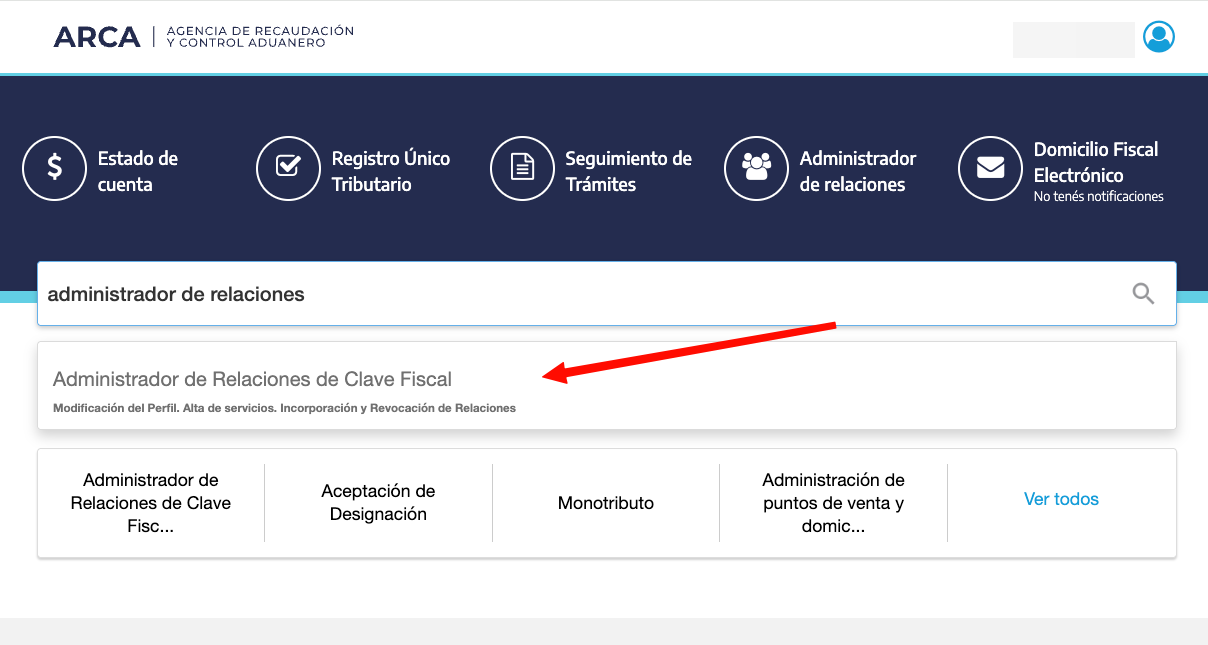 Buscador de ARCA con resultado de administrador de relaciones