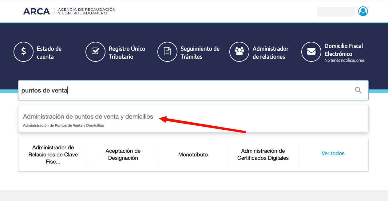 Buscador de ARCA con resultado de puntos de venta