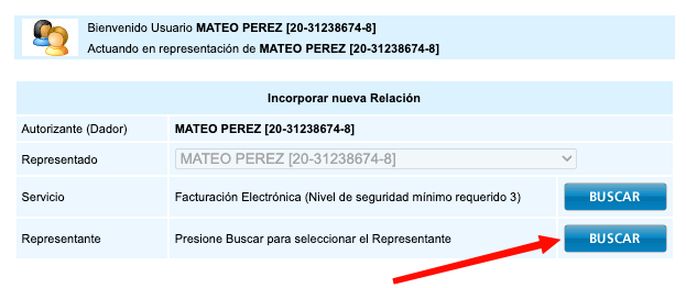 Formulario con sección de representante y botón Buscar
