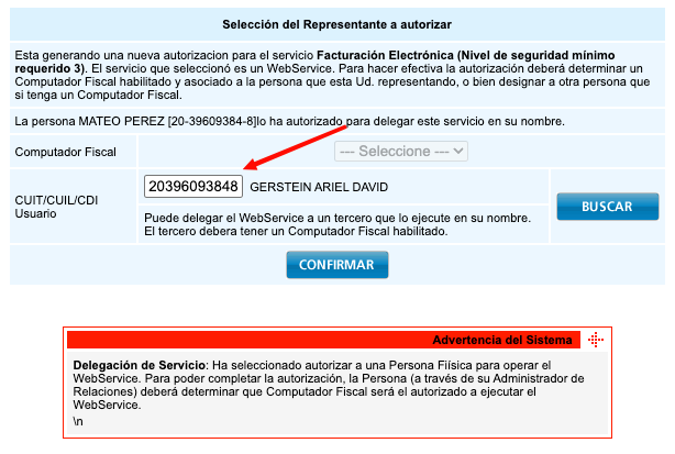 Pantalla de selección de representante con CUIT de Krenta