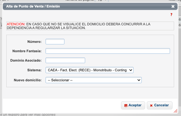 Formulario de alta de punto de venta en ARCA