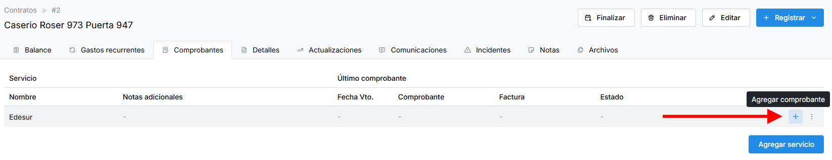 Botón de Agregar comprobante en la tabla