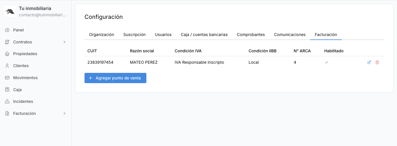 Pantalla de configuración de facturación