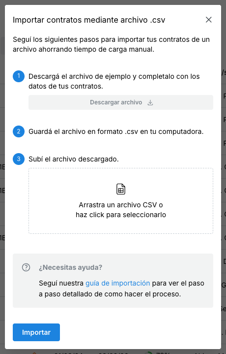 Ventana de importación de contratos