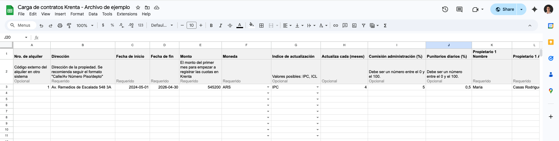 Plantilla de Google Sheets con el formato requerido