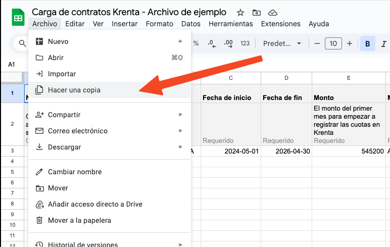 Opción Hacer una copia en Google Sheets