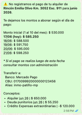 Mensaje de WhatsApp de deuda pendiente