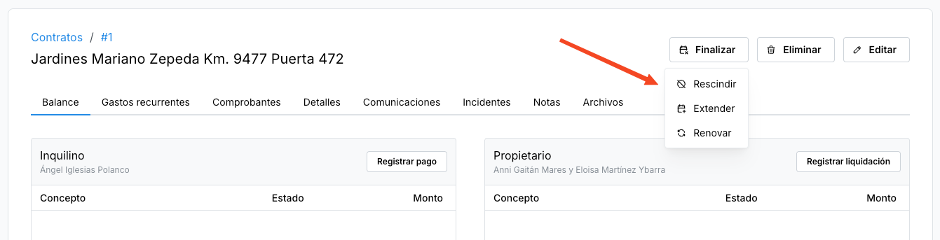 Opciones de finalización del contrato