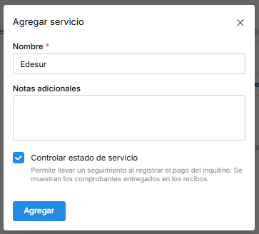 Pantalla de formulario de agregar servicio