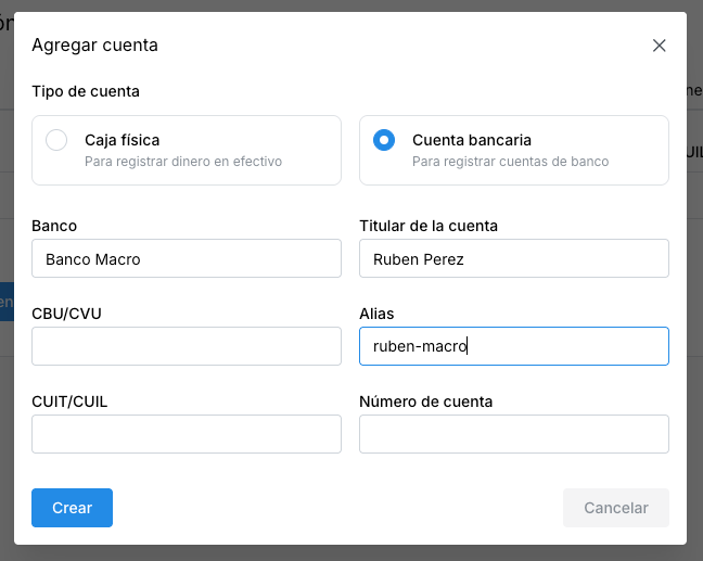 Formulario de agregar cuenta