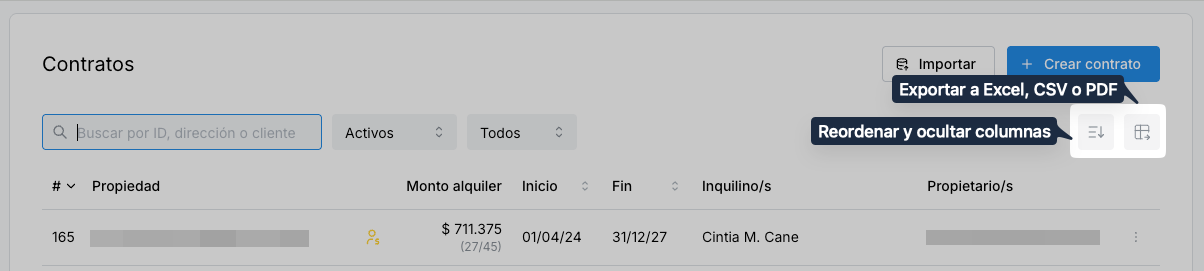 Botones de exportación de tablas a Excel y personalización de columnas