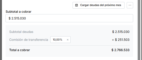 Desglose del subtotal con la comisión de transferencia