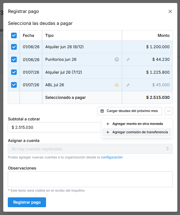 Pantalla de agregar comisión de transferencia