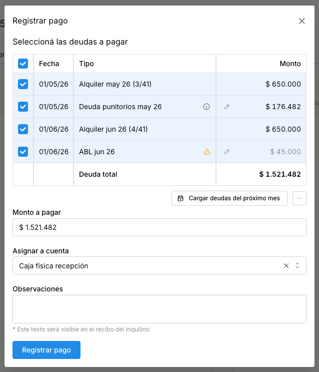 Pantalla de registrar pago