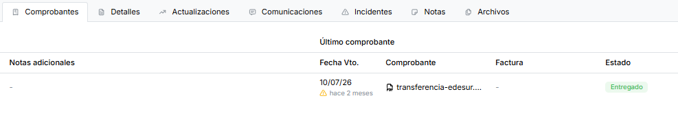 Tabla de comprobantes luego de cargar